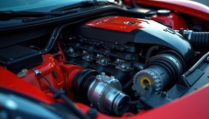 Obraz premium Close-up of intricate gear mechanism within a vibrant sports car engine bay , precision, fast