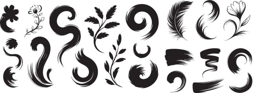 Set of elegant black and white brush strokes, floral and leaf design elements on white background