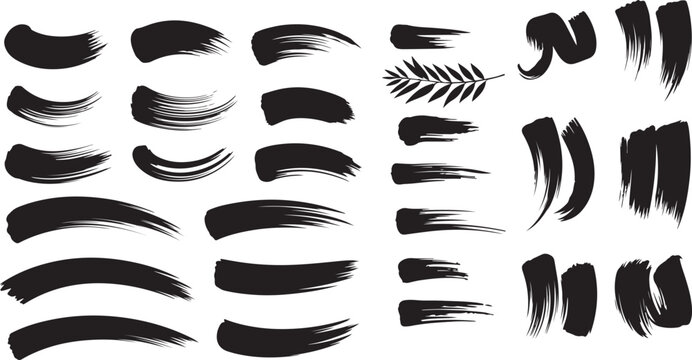 A comprehensive set of various black paint brush strokes on a white background.