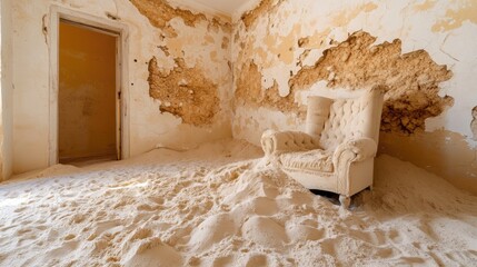 A forgotten room filled with sand, with old, unused furniture buried under the weight of time.