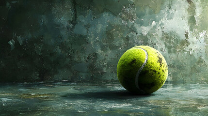 Worn tennis ball resting on a weathered surface.