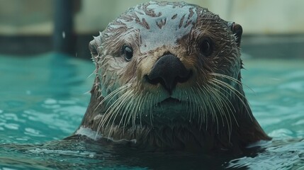 Fototapeta premium Curious sea otter portrait in water