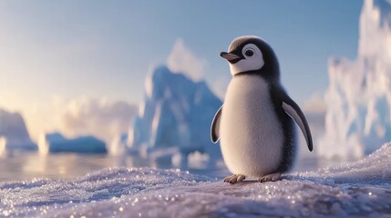 Naklejka premium Cute baby penguin on ice floe