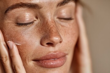 Young woman gently applies cream to her face, showcasing a natural glow and relaxed expression