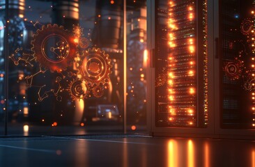 Illuminated server rack with intricate gear mechanism overlay