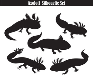 Fototapeta premium Axolotl Silhouette Set | Black Axolotl Vector Graphics | Amphibian Outline Art | Mexican Walking Fish Clipart | Wildlife Illustration