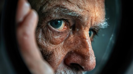 A frail old man watches as his reflection in the mirror shows him as a young and carefree individual.