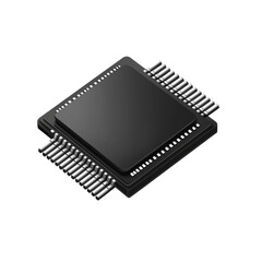 Sleek black microchip metallic pins gleam dark background isometric view on transparent background