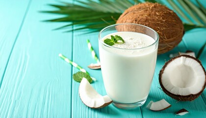 Refreshing Coconut Smoothie on Turquoise Wooden Background