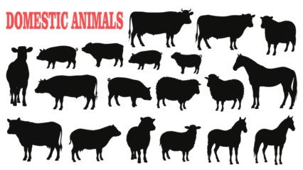 Collection of Domestic Animal Silhouettes Cows, Pigs, Sheep, Horses - Farm Animals Vector Graphics