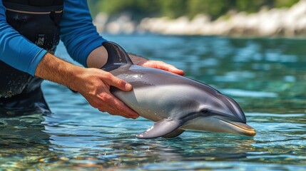 Dolphin caretaker holding baby dolphin © salahudin