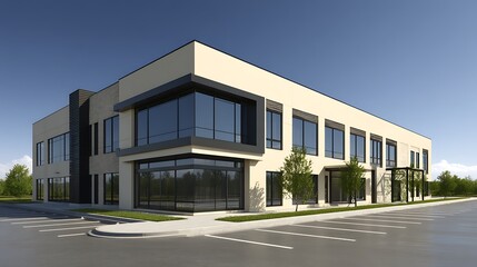 Modern two-story commercial office building with large glass windows under clear blue sky