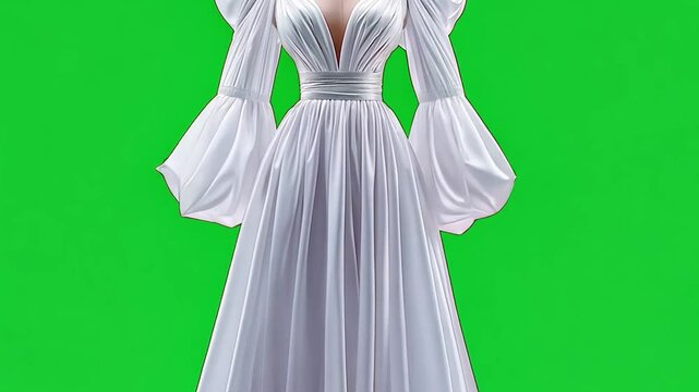Elegant white dress on mannequin with puff sleeves and deep neckline for fashion and bridal inspiration