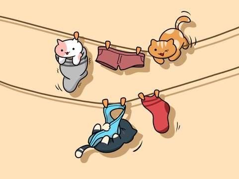 Cute Cats Playing on Clothesline with Laundry &ndash; Funny Cartoon Illustration