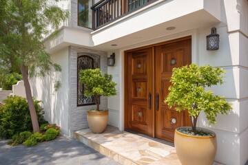 Modern House Exterior with Wooden Entryways and Landscaping