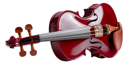 Classic violin with wooden body, visible strings and bow placed beside, isolated on white background 