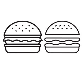 Cheese burger vector icon set,in black outline, solid and colored style,