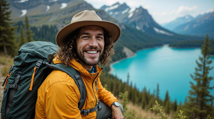 Naklejka premium Portrait of a smiling male hiker with long hair and a beard, wearing a wide-brimmed hat and a bright yellow jacket, carrying a large hiking backpack.