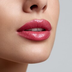 Fototapeta premium Elegant Rose Quartz Satin Lips â€“ Photorealistic Detailed Close-Up with Aloe Vera & Ceramide Infusion on Soft White Background