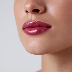 Fototapeta premium Glistening Sugar Pink Plump Lips with Plum Extract - Feminine Glam Close-Up on White Background