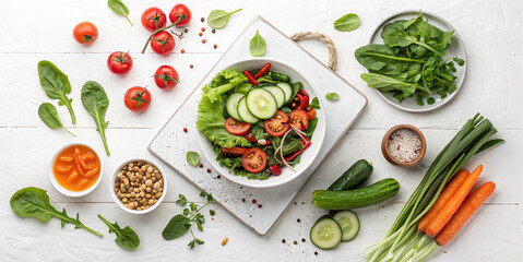 Healthy clean vegetarian food and diet nutrition concept. Various fresh vegetables ingredients for salad on white table background banner white background