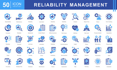 Reliability Management icon set featuring icons for system assessment, error handling, maintenance, root cause analysis, and risk evaluation. Perfect for quality control, operations, and engineering.