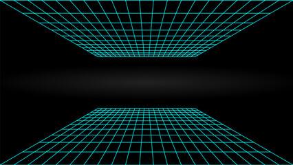 3d wireframe perspective grid room template design vector illustration background. Empty 3 dimension virtual room with perspective wireframe grid geometric sketch. Cyber virtual line interior frame.