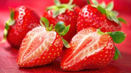 Juicy red strawberries halved on red background, close-up, food photography