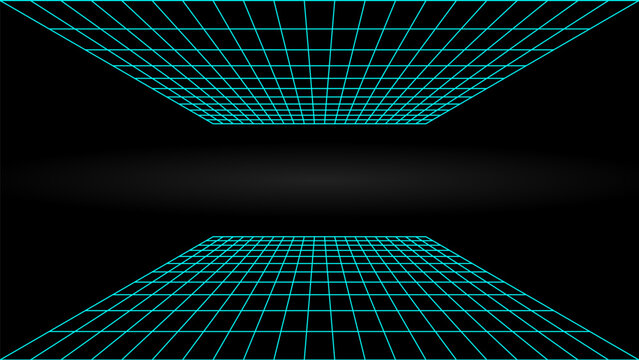 3d wireframe perspective grid room template design vector illustration background. Empty 3 dimension virtual room with perspective wireframe grid geometric sketch. Cyber virtual line interior frame.