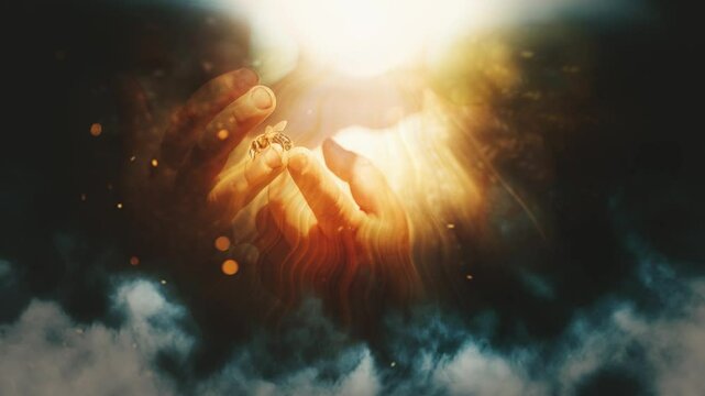 the boy holds a bee in his hand and magic light and mist effect.