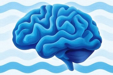 Abstract representation of a blue human brain showcased against a calming water-themed backdrop conveying intelligence creativity cognitive processes and deep thinking concepts through vivid