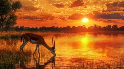 Gazelle drinks at sunset
