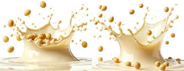 Soy Milk Splash with Soy Beans, Healthy Plant-Based Drink Concept, PNG Transparent