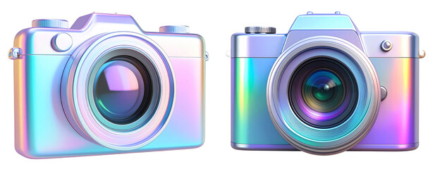 Sleek holographic 3D camera icon with an iridescent finish, isolated on transparent background