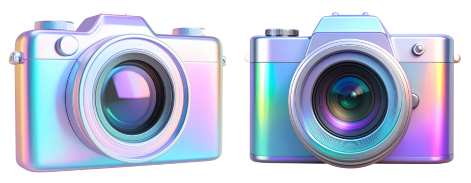 Sleek holographic 3D camera icon with an iridescent finish, isolated on transparent background