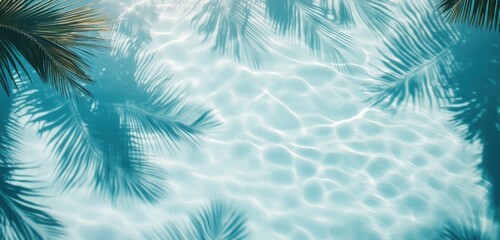 palm leaf shadow and water ripples on light blue background, summer banner mockup