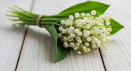 Obraz premium Lily of the Valley Bouquet on White Wooden Surface Close-up