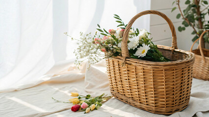 Beautiful Woven Basket Filled with Fresh Flowers in Bright Natural Light
