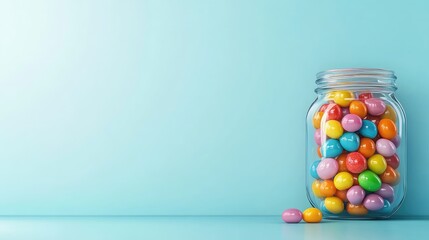 A jar full of marbles that is filled with colorful gumdrops instead.