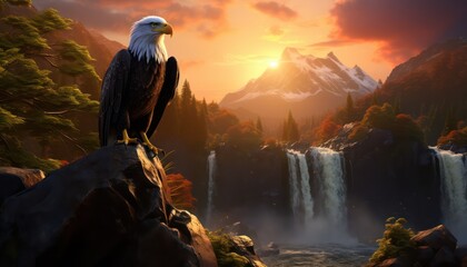 Large eagle stands tall on a tree trunk and large rocks, with a backdrop of amazing mountain background on the sunrise view