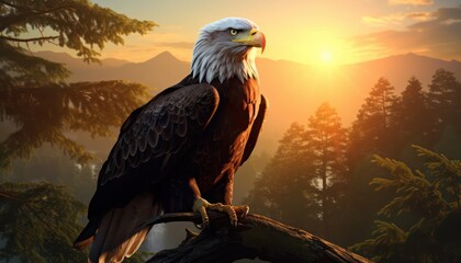 Fototapeta premium Large eagle stands tall on a tree trunk and large rocks, with a backdrop of amazing mountain background on the sunrise view
