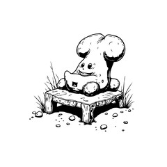 Enigmatic Monochrome Creature on a Rough-Hewn Platform in a Surreal Landscape