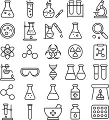 Set of 30 outline icons related to laboratory. Linear icon collection. Editable stroke. Vector illustration 