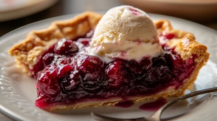 Delicious Close-Up of Cherry Pie Slice with Ice Cream on Plate