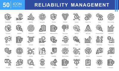 Reliability Management icon set featuring icons for system assessment, error handling, maintenance, root cause analysis, and risk evaluation. Perfect for quality control, operations, and engineering.