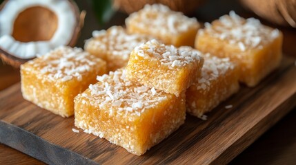 Delicious Golden Coconut Candy Bars from Brazil on Wooden Board
