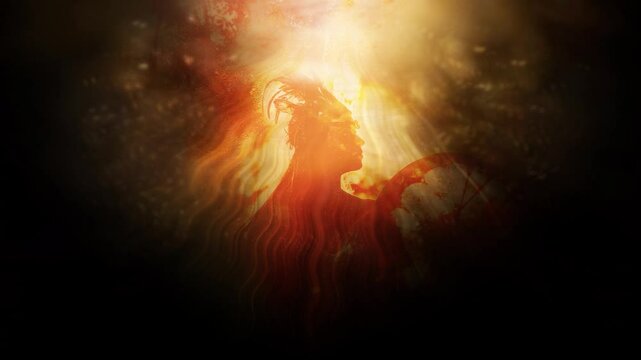 beautiful shamanic girl playing on shaman frame drum in the nature.