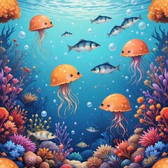 Naklejka premium Colorful marine life with jellyfish and fish swimming among vibrant coral reefs