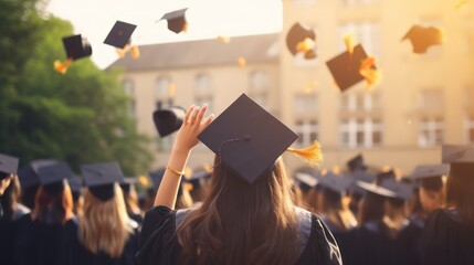 A group of graduates throwing their caps in the air in celebration.