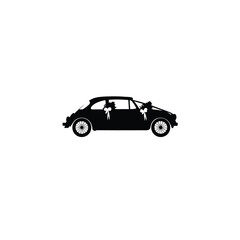 Decorated wedding car silhouette on white background